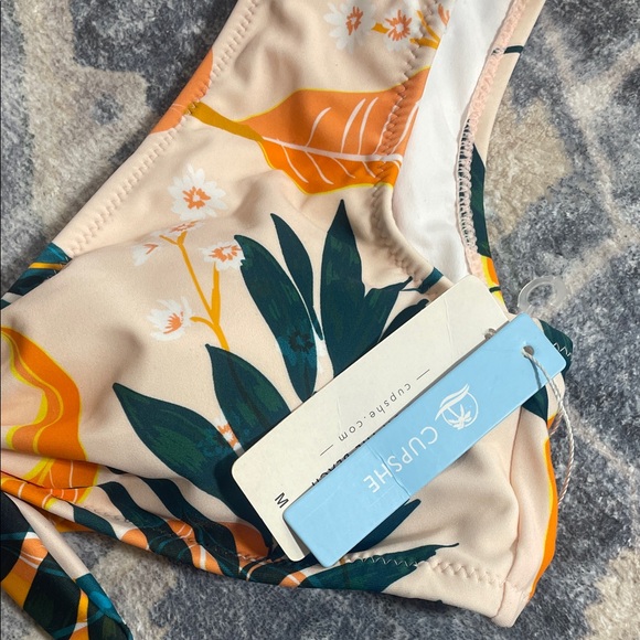 Cupshe Cream Bikini Bottom with Teal & Orange Tropical Print - Picture 2 of 7